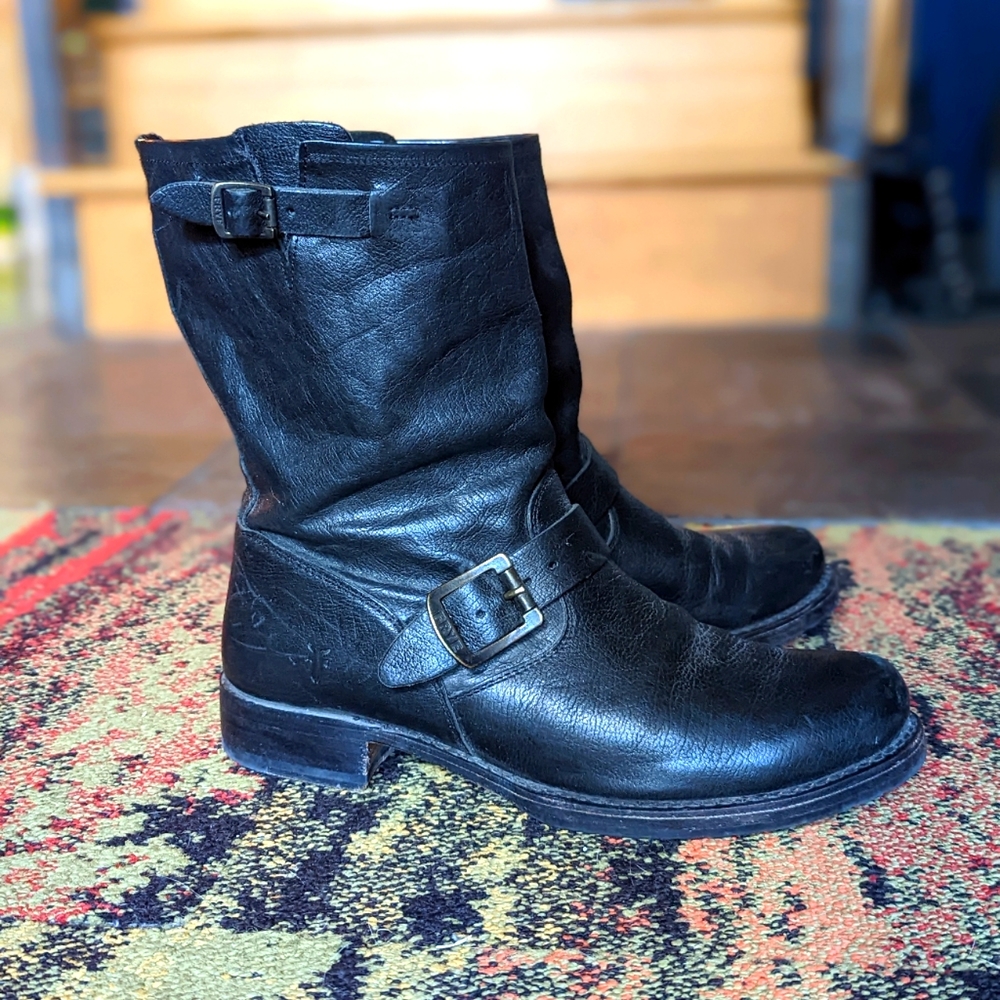 Frye Black Leather Combat & Moto Boots